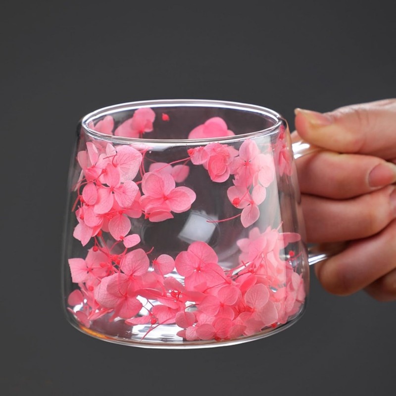 Cană cu flori uscate roz, pereți dubli, sticlă borosilicată, izolare termică, hortensie, 180 ml